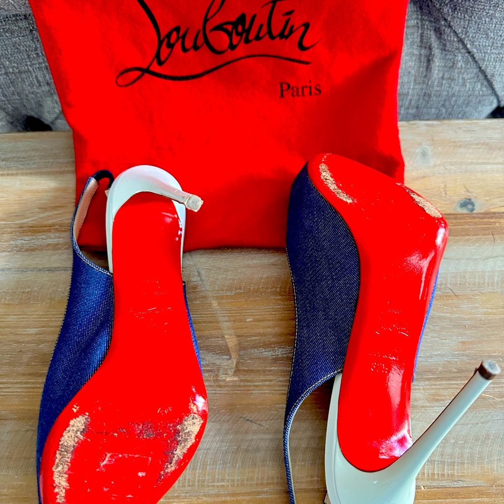 Christian Louboutin, denim sling sandals. Size 37